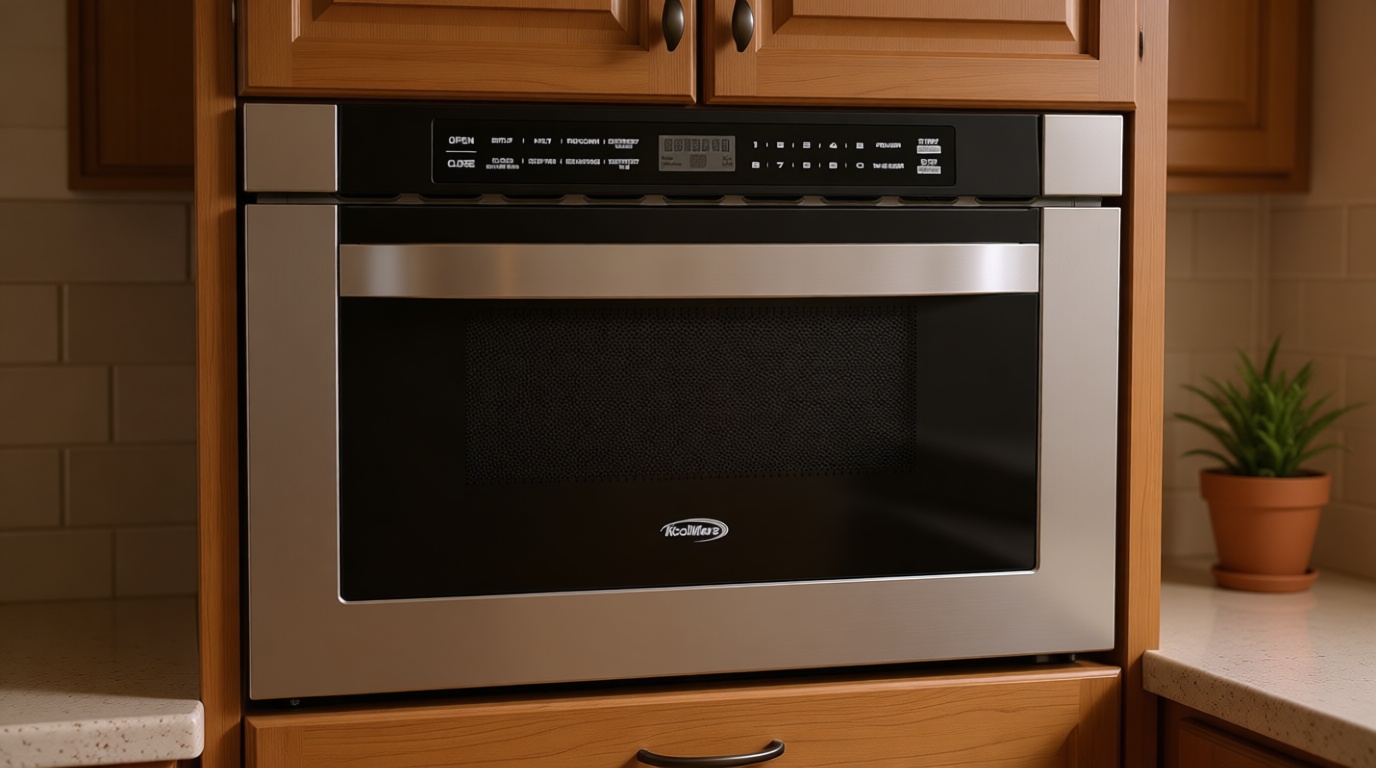 KoolMore 24 Inch Stainless-Steel Microwave Drawer with 1.2 cu. ft. Capacity, 1000W Power with 10 Custom Cooking Levels, Memory, and Timer Functions, Wall-Mounted with Flat Bottom (KM-MD-1SS)