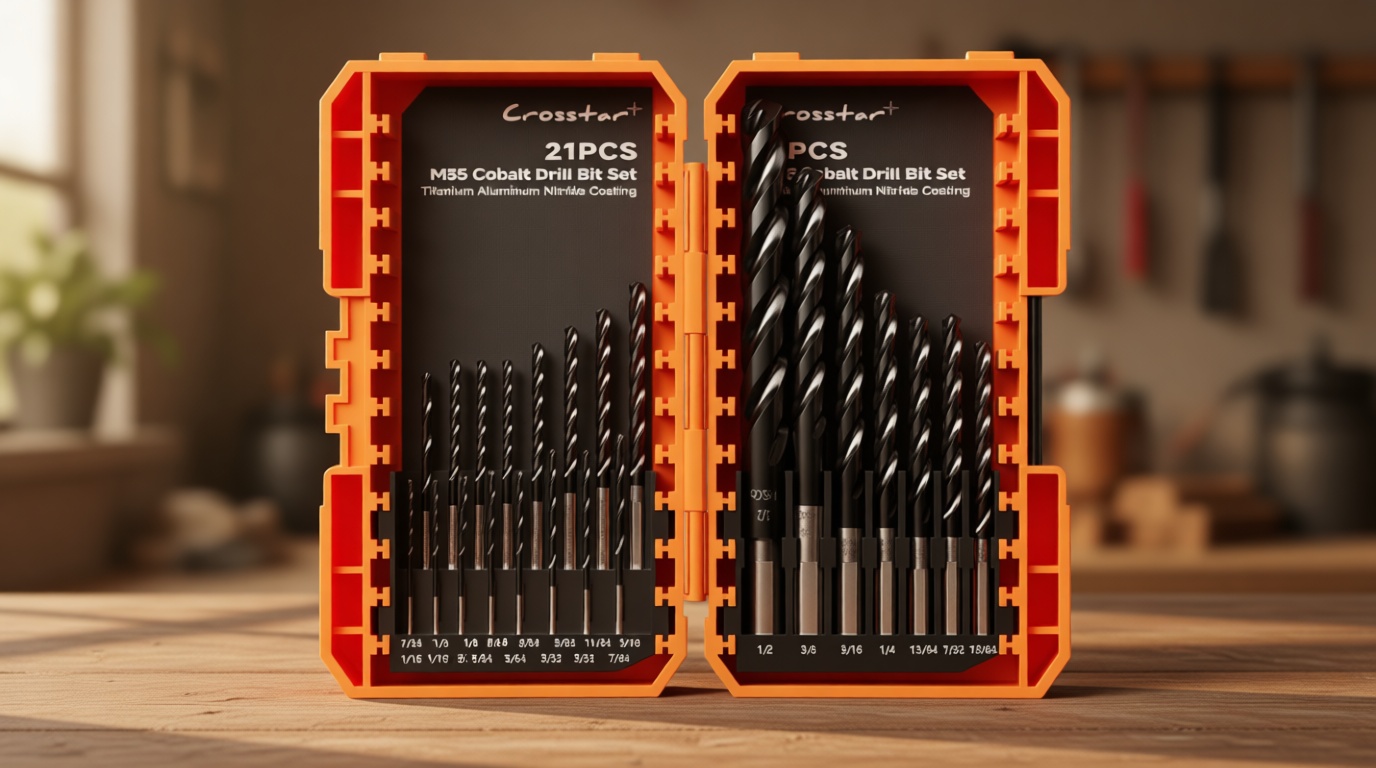 Crosstar M35 Cobalt Drill Bit Set for Hardened Metal & Stainless Steel - 21pcs Titanium Aluminum Nitride Coated (TiAlN), Three-Flute Design, 1/16"-1/2" Metal Drill Bits