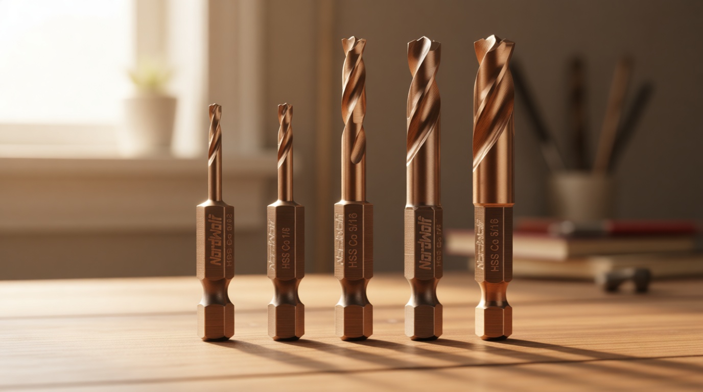 NordWolf 5-Piece M35 Cobalt Stubby Drill Bit Set for Stainless Steel & Hard Metals, with 1/4" Hex Shank for Quick Chucks & Impact Drivers, SAE Sizes 3/32"-1/8"-3/16"-1/4"-5/16" in Storage Box