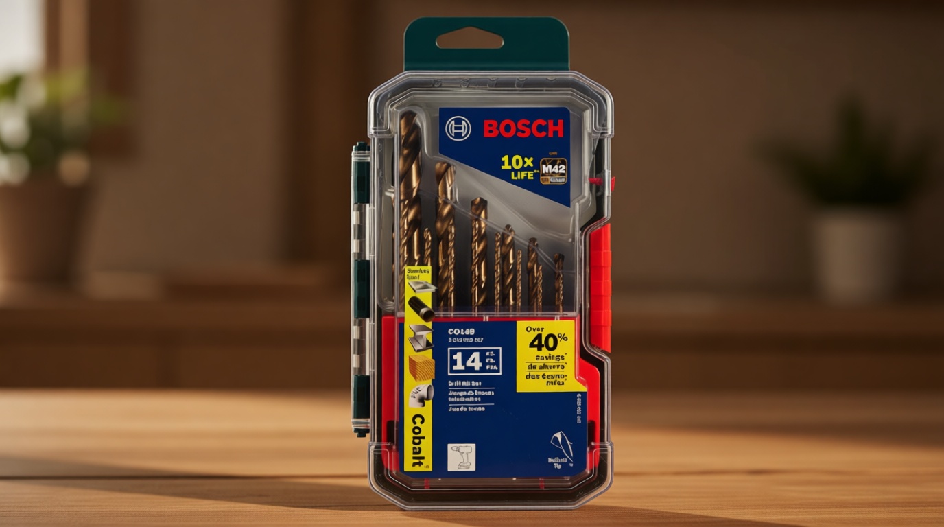 BOSCH CO14B 14-Piece Assorted Set with Included Case - Cobalt M42 Metal Drill Bits with Three-Flat Shank for Drilling Applications in Stainless Steel, Cast Iron, Titanium, and Light-Gauge Metal
