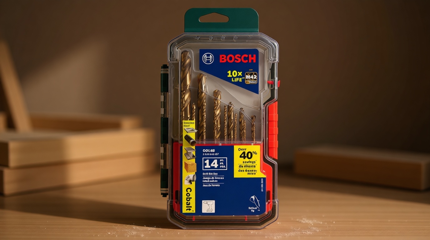 BOSCH CO14B 14-Piece Assorted Set with Included Case - Cobalt M42 Metal Drill Bits with Three-Flat Shank for Drilling Applications in Stainless Steel, Cast Iron, Titanium, and Light-Gauge Metal