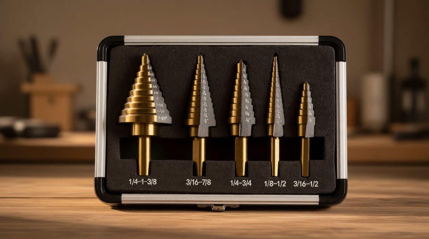 Step Drill Bits, 5PCS HSS Titanium Step Drill Bit Set, 50 Sizes High Speed Steel Step Bits for Metal with Aluminum Case