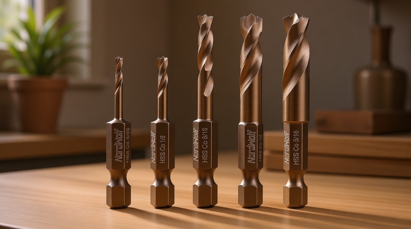 NordWolf 5-Piece M35 Cobalt Stubby Drill Bit Set for Stainless Steel & Hard Metals, with 1/4" Hex Shank for Quick Chucks & Impact Drivers, SAE Sizes 3/32"-1/8"-3/16"-1/4"-5/16" in Storage Box