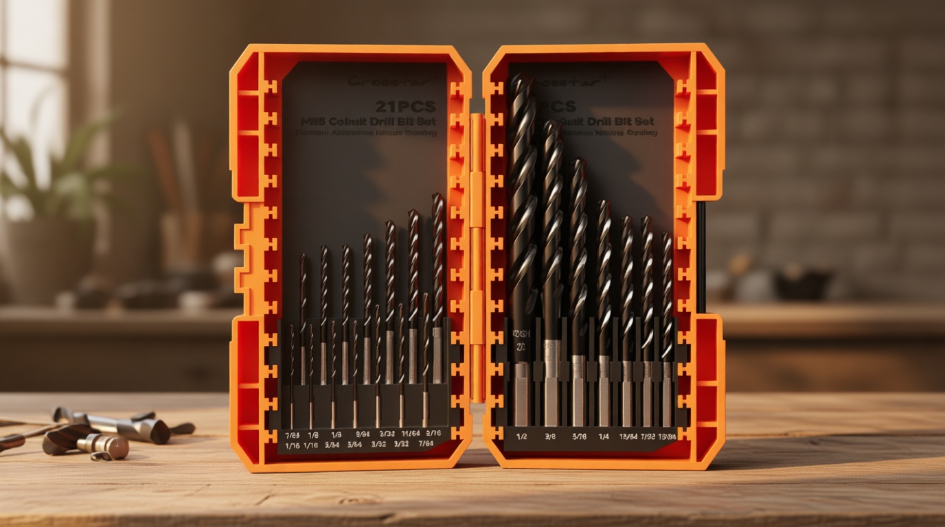 Crosstar M35 Cobalt Drill Bit Set for Hardened Metal & Stainless Steel - 21pcs Titanium Aluminum Nitride Coated (TiAlN), Three-Flute Design, 1/16"-1/2" Metal Drill Bits