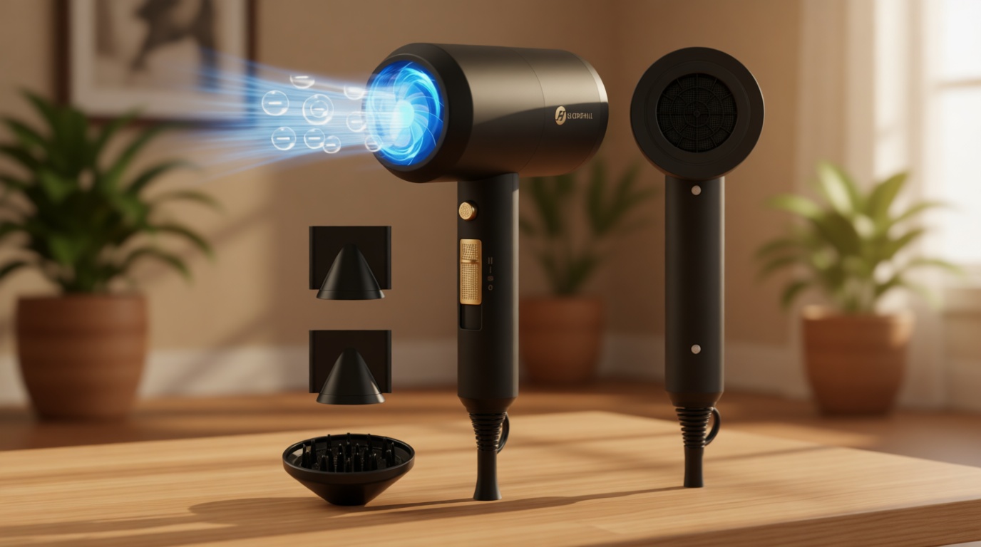 slopehill Professional Ionic Hair Dryer, Powerful 1800W Fast Drying Low Noise Blow Dryer with 2 Concentrator Nozzle 1 Diffuser Attachments for Home Salon Travel (Black)