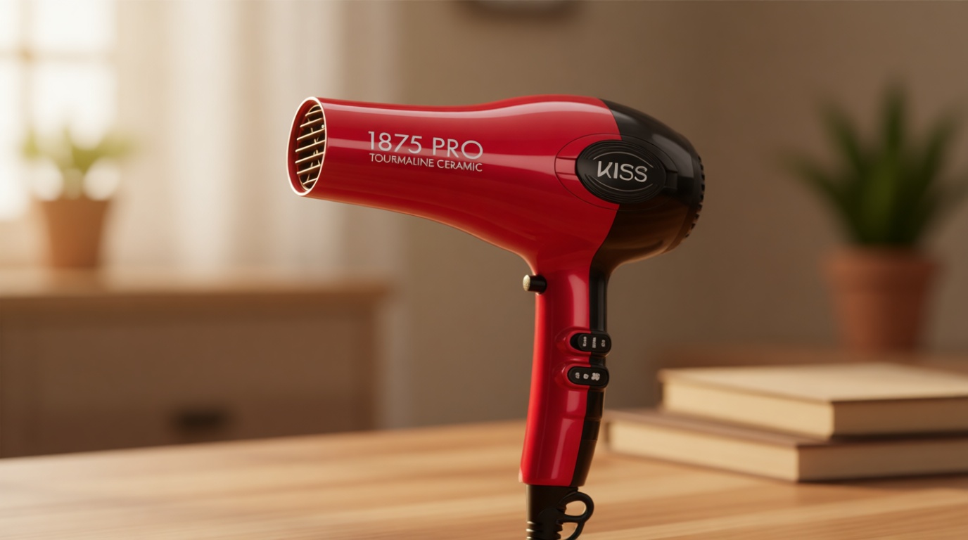 KISS 1875 Watt Pro Tourmaline Ceramic Hair Dryer, Styling Edition, 3 Heat Settings, 2 Speed Settings, Cool Shot Button, 7 Blow Dryer Accessories Included, 2-Year Warranty - Red