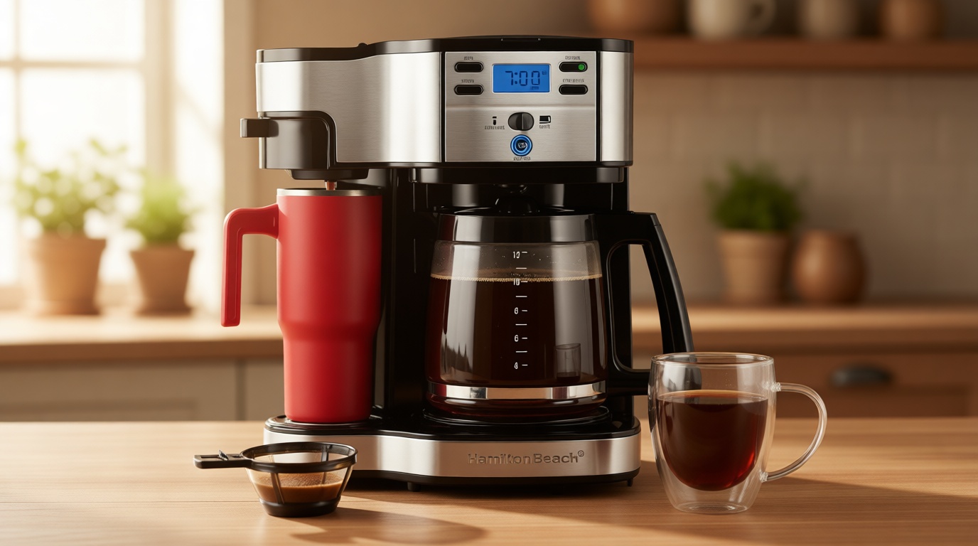 Hamilton Beach 2-Way Programmable Coffee Maker, 12 Cup Glass Carafe And Single Serve Coffee Maker, Black with Stainless Steel Accents, 49980RG