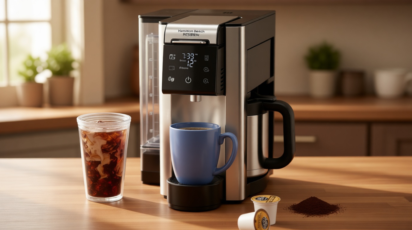 Hamilton Beach FlexBrew Advanced 5-in-1 Thermal Programmable 12 Cup Drip and Single Serve Hot & Iced Coffee Maker, Movable 60oz. Water Reservoir, Use Pod Packs and Grounds, Fast Brewing, Black (49929)
