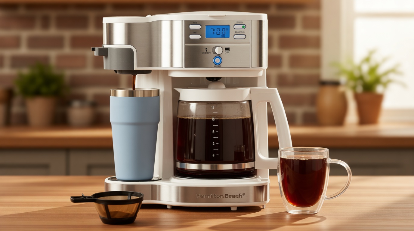 Hamilton Beach 2-Way Programmable Coffee Maker, 12 Cup Glass Carafe And Single Serve Coffee Maker, White with Stainless Steel Accents, 49933