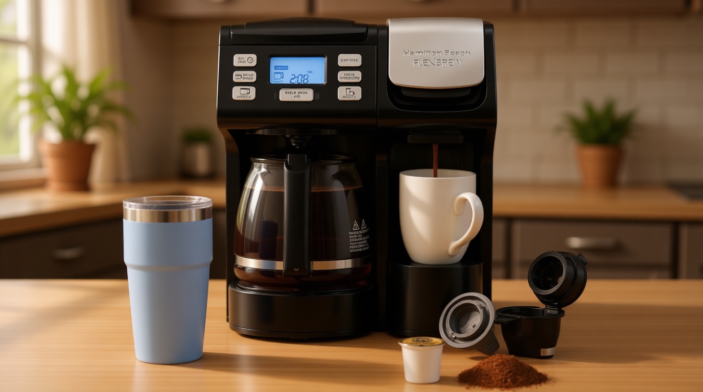 Hamilton Beach FlexBrew Trio 2-Way Coffee Maker, Compatible with K-Cup Pods or Grounds, Combo, Single Serve & Full 12c Pot, Black - Fast Brewing (49902)