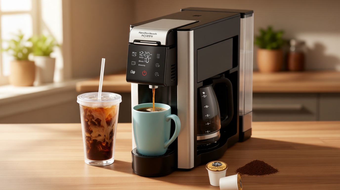 Hamilton Beach FlexBrew Advanced 5-in-1 Programmable 12 Cup Drip and Single Serve Hot & Iced Coffee Maker with Movable 60 oz. Water Reservoir, Use Pod Packs and Grounds, Fast Brewing, Black (49924)