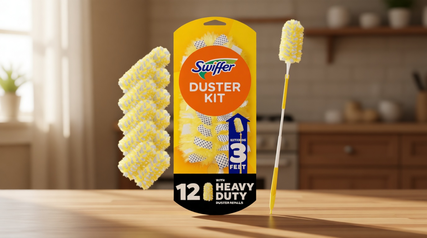 Swiffer Duster Kit with 3 ft Extendable Handle, Heavy Duty Dusting Starter Kit with 12 Refills, for Ceiling Fans, Vents and Hard to Reach Places