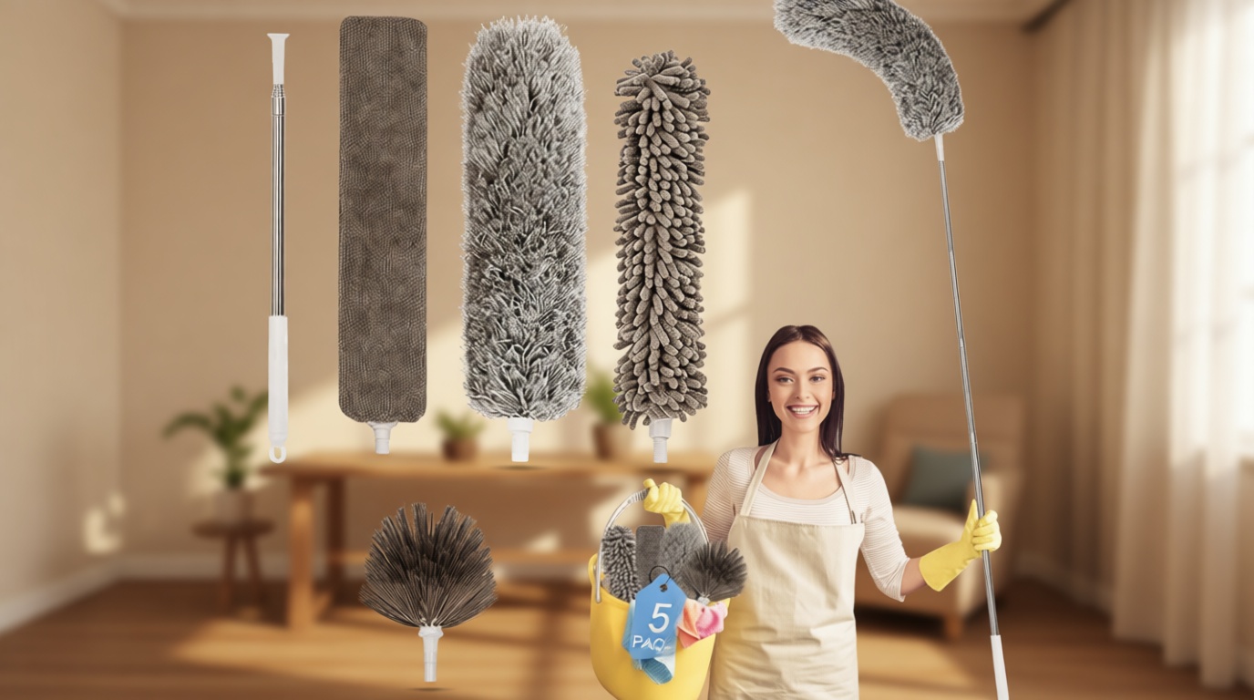 Tiumso Microfiber Feather Duster 5-in-1 Kit, Dusters for Cleaning, Duster with Extension Pole 100 Inches, Cobweb Duster, Microfiber Dusters for High Ceilings and Fans, Blinds, Cars and Furniture