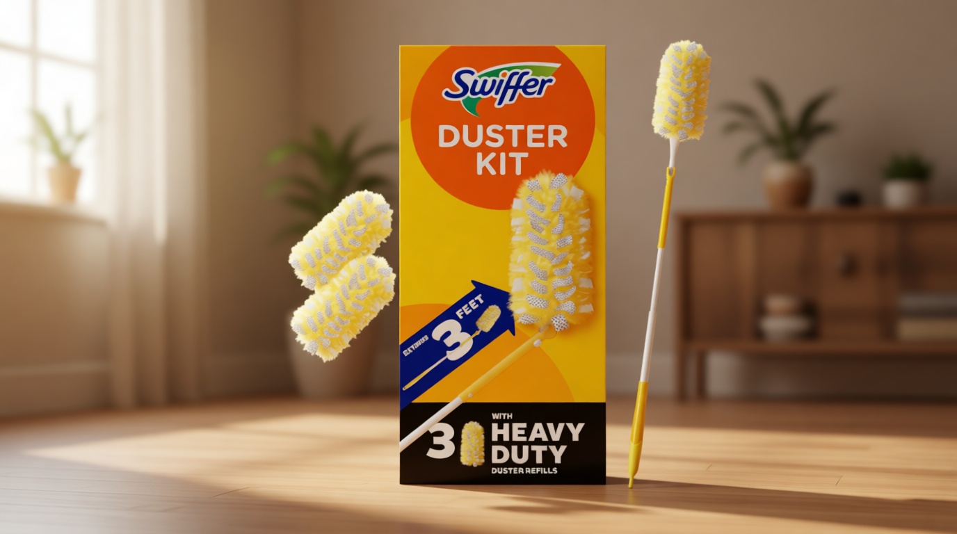 Swiffer Duster Kit with 3 ft Extendable Handle, Heavy Duty Dusting Starter Kit with 3 Refills, for Ceiling Fans, Vents and Hard to Reach Places