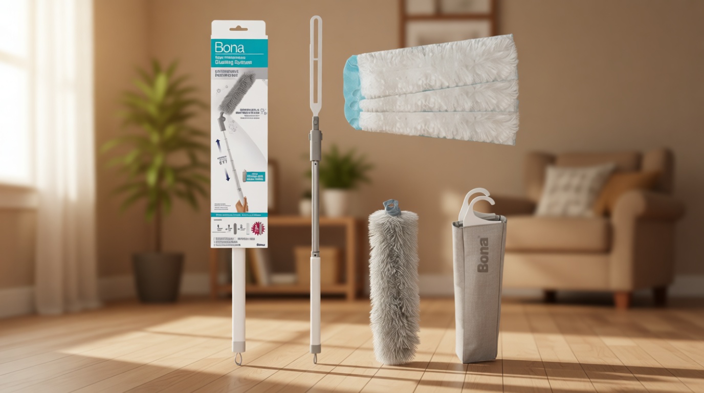 Bona High Performance Dusting System - 1 Extendable Handle, 3 Disposable Dusters, 1 Reusable Duster, & 1 Storage Bag - Extendable Dusting Kit