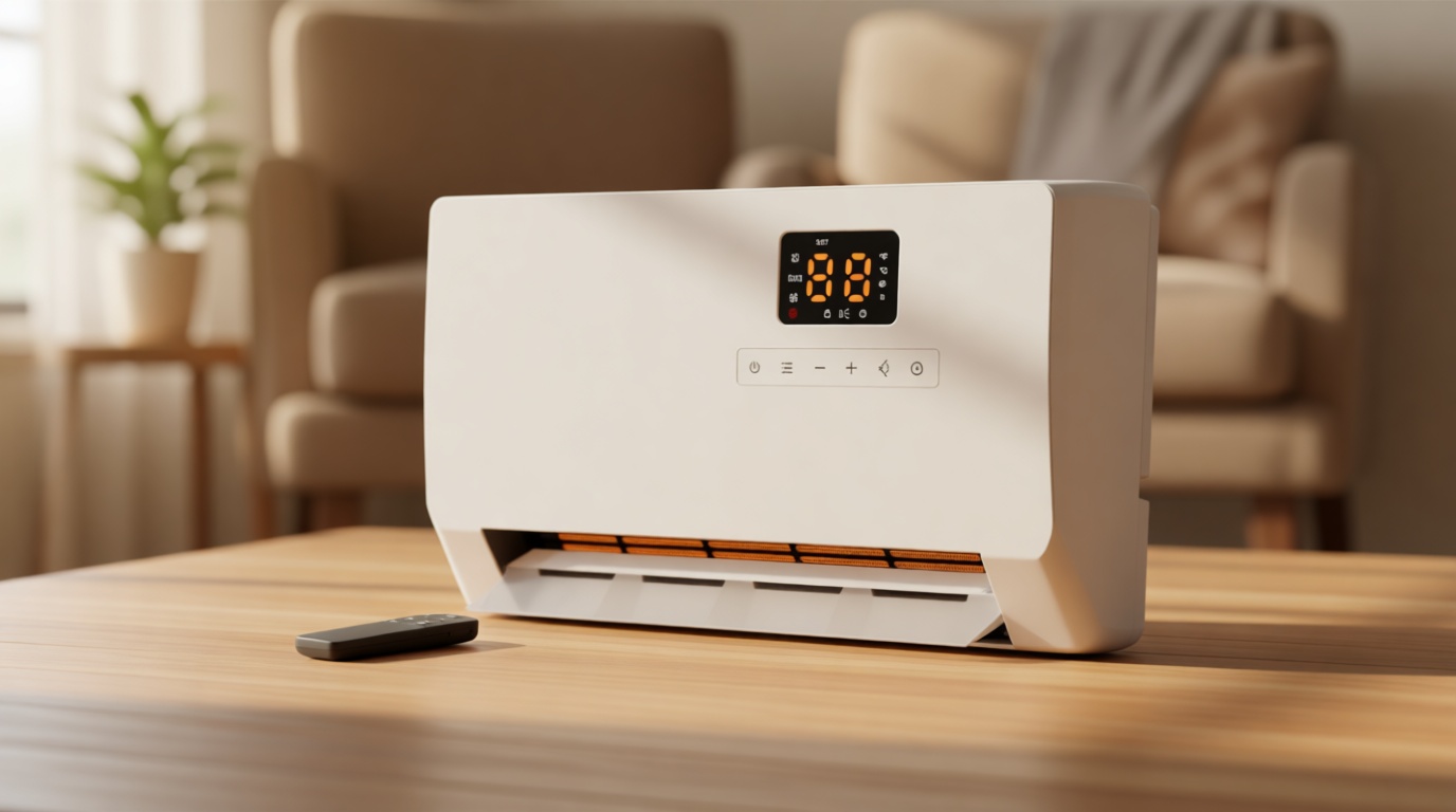 Wall-Mounted Space Heater with ECO Thermostat and Remote Control, LED Display, 60°/90°/120° Oscillation Modes, 24-Hour Timer, Indoor Electric Space Heater