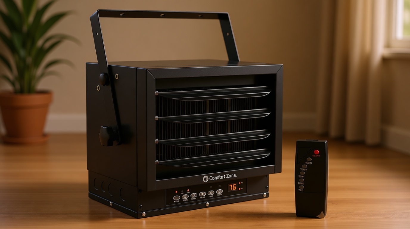 Comfort Zone Hard-Wired Ceiling Mount Garage Space Heater with Remote, 7,500 Watt, 240 Volt, Fan-Forced, Overheat Protection, Digital Thermostat, 12-Hour Timer, Ideal for Garage & Workshop, CZ230ERBK