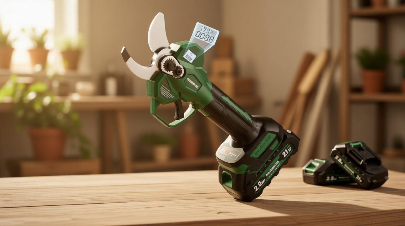 Electric Pruning Shears, 2.1" (54mm) Cutting Diameter Cordless Electric Scissors with LCD Display, 21V Brushless Motor Branch Cutter with 2 PCS Rechargeable 2000mAh Batteries & 2 Blades (Green)
