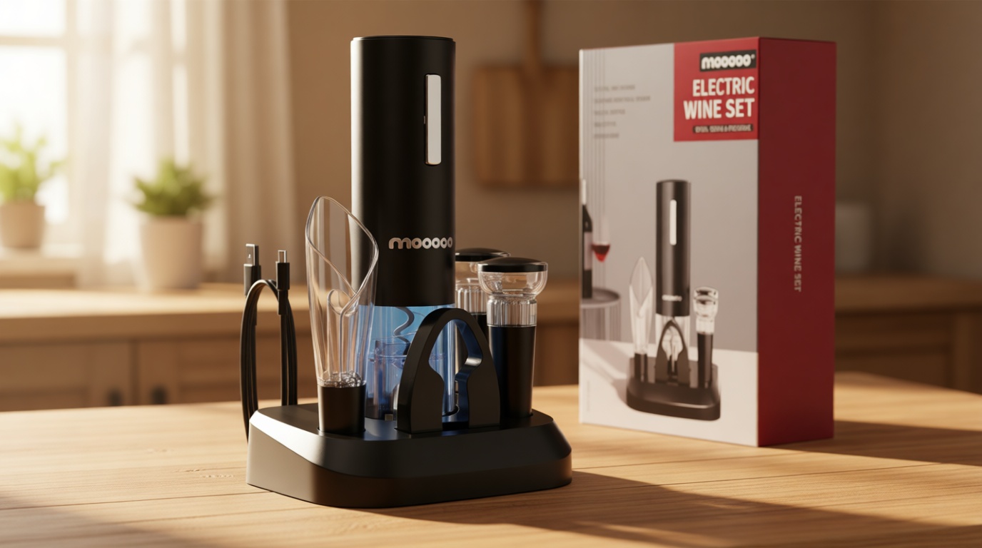 Moocoo Electric Wine Opener with Charging Base, Cordless Electric Wine Bottle Opener with 2-in-1 Aerator & Pourer, Foil Cutter, 2 Vacuum Preservation Stoppers, Display Charging Station for Easy Storage