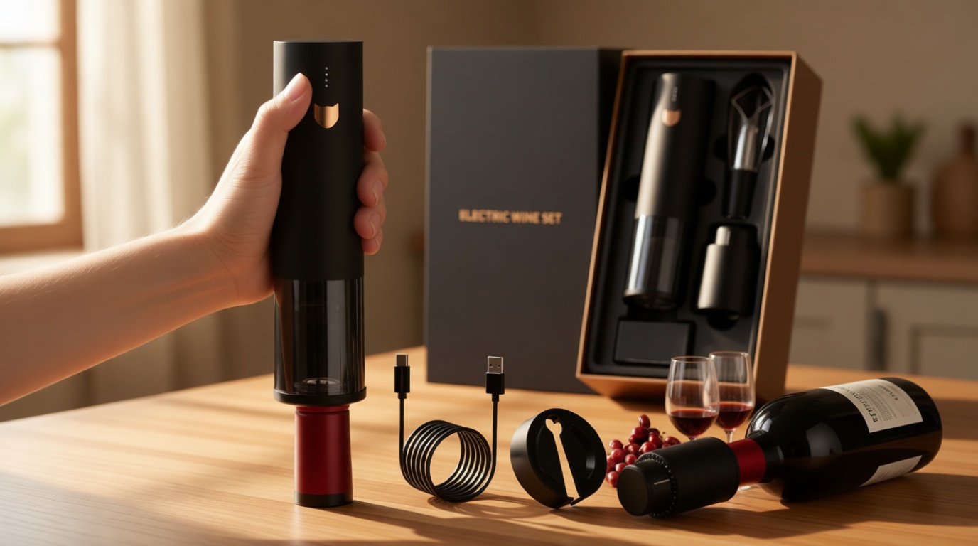 Wine Gifts-Electric Wine Opener-Automatic Wine Opener Rechargeable-Cordless Electric Corkscrew-Wine Bottle Opener with Foil Cutter, 2 in 1 Aerator Pourer, Vacuum Stopper, Gift Box Global Recycled Standard