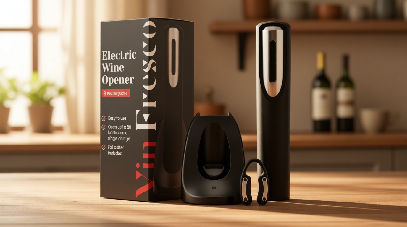 Rechargeable Electric Wine Bottle Opener - Charging Base and Foil Cutter Included with Automatic Wine Opener - Electric Corkscrew for Easy Cork Removal - Best Gift for Wine Lover (Black & Silver)