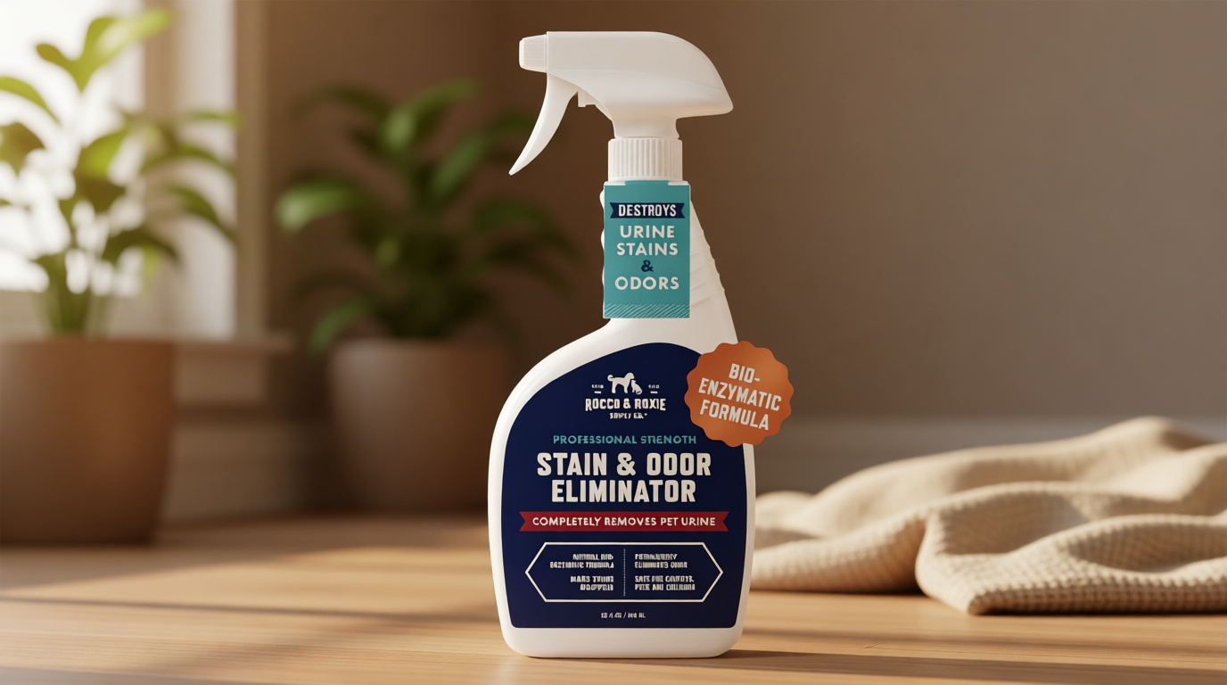 Rocco & Roxie Supply Co. Stain & Strong Odor Eliminator, Enzyme Cleaner, Pet Odor Eliminator for Home - Carpet Stain Remover for Cats & Dog Pee - Urine Destroyer - Carpet Cleaner Spray Clear, 32 Fl Oz