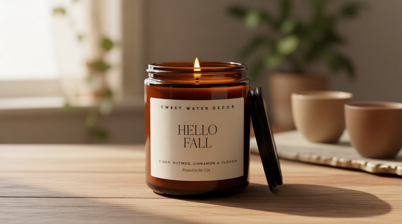 Sweet Water Decor Hello Fall Soy Candles - Fall Candle with Hot Cider, Cinnamon, Cloves, and Nutmeg Scent for Home - Soy Candle with 40 Hours Burn Time - 9Oz Black Lid Amber Jar Candles Fall Scents