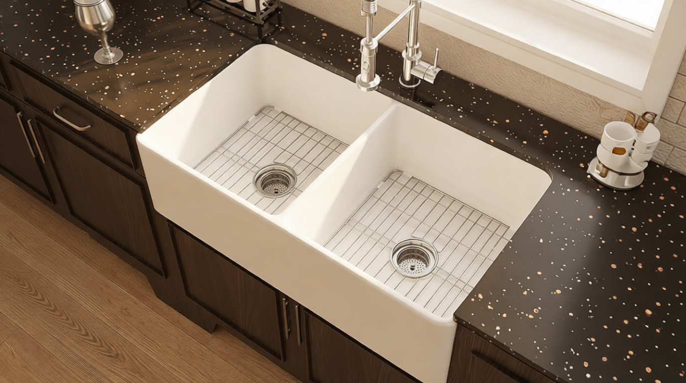 Miuara Farmhouse Sink Double Bowl 33 Inch - White Apron Front Kitchen Sink Reversible 33"x18"x10", Undermount Installation, Farm House Style Dual Basin 50/50, Heavy Duty Solid Fireclay, for Kitchen