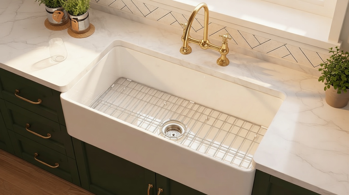 TUKTUK White Farmhouse Sink 33 inch Fireclay Apron Front Farm House Kitchen Sink Single Bowl Deep Drop In Undermount Reversible Heavy Duty Easy to Clean Porcelain Kitchen Basin Modern Luxury Accessory