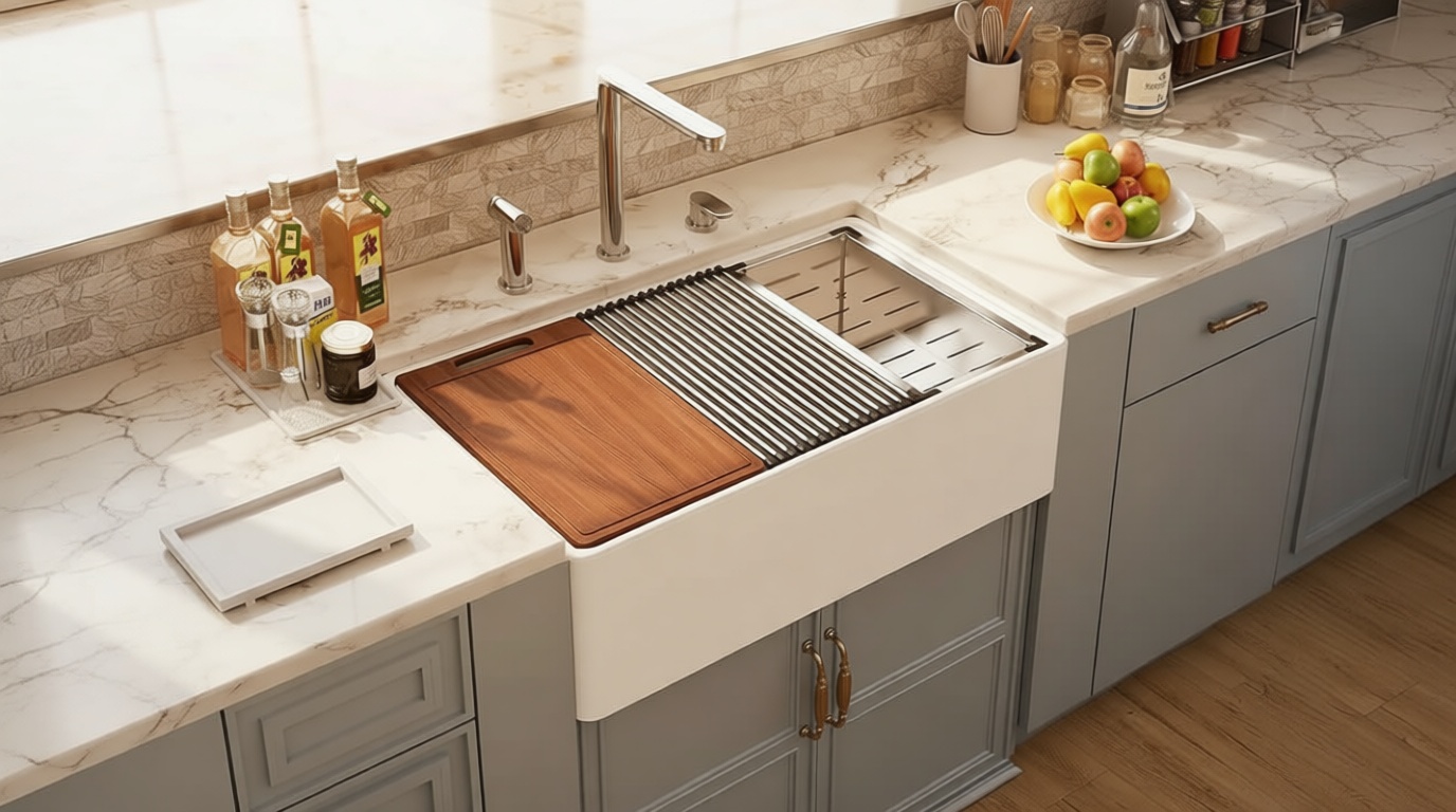 30 White Farmhouse Sink Workstation, Hugsleek Undermount Farm Kitchen Sink 30x20 inch Apron Front White Porcelain Ceramic Fireclay Sinks Ledge Accessories Single Bowl Under Counter Farmer Sinks Basin