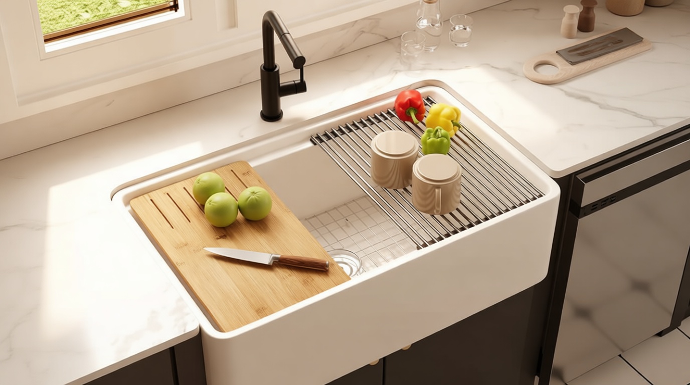 DeerValley White Farmhouse Sink Workstation 33 Inch Fireclay Apron Front Farm Sinks Single Bowl Heavy Duty Deep Drop-in Undermount Sink with Workstation Accessories