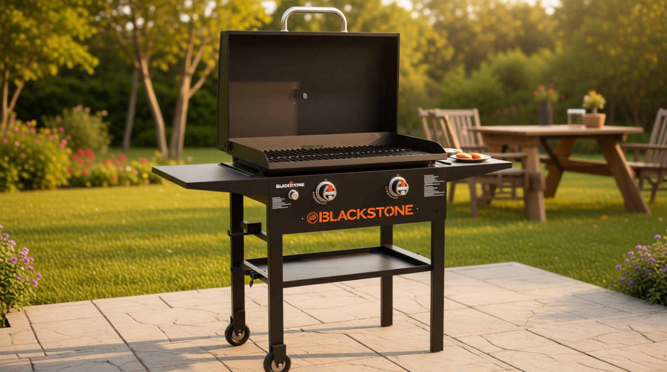 BLACKSTONE 1883 Original 28” Griddle with Integrated Protective Hood and Counter Height Side Shelves, Powder Coated Steel, Black