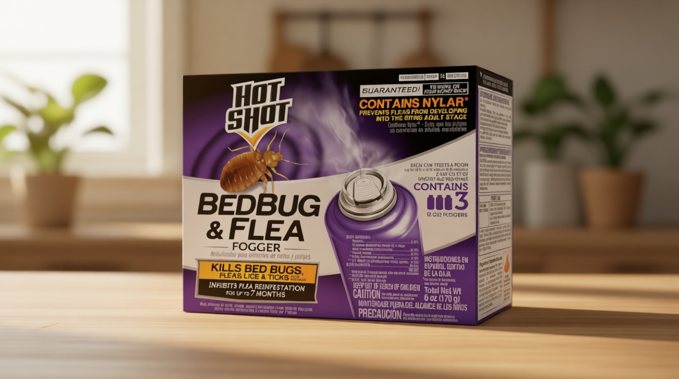 Hot Shot BedBug And Flea Fogger 3 Count-2 Ounce Cans, With Nylar, Inhibits Flea Reinfestation