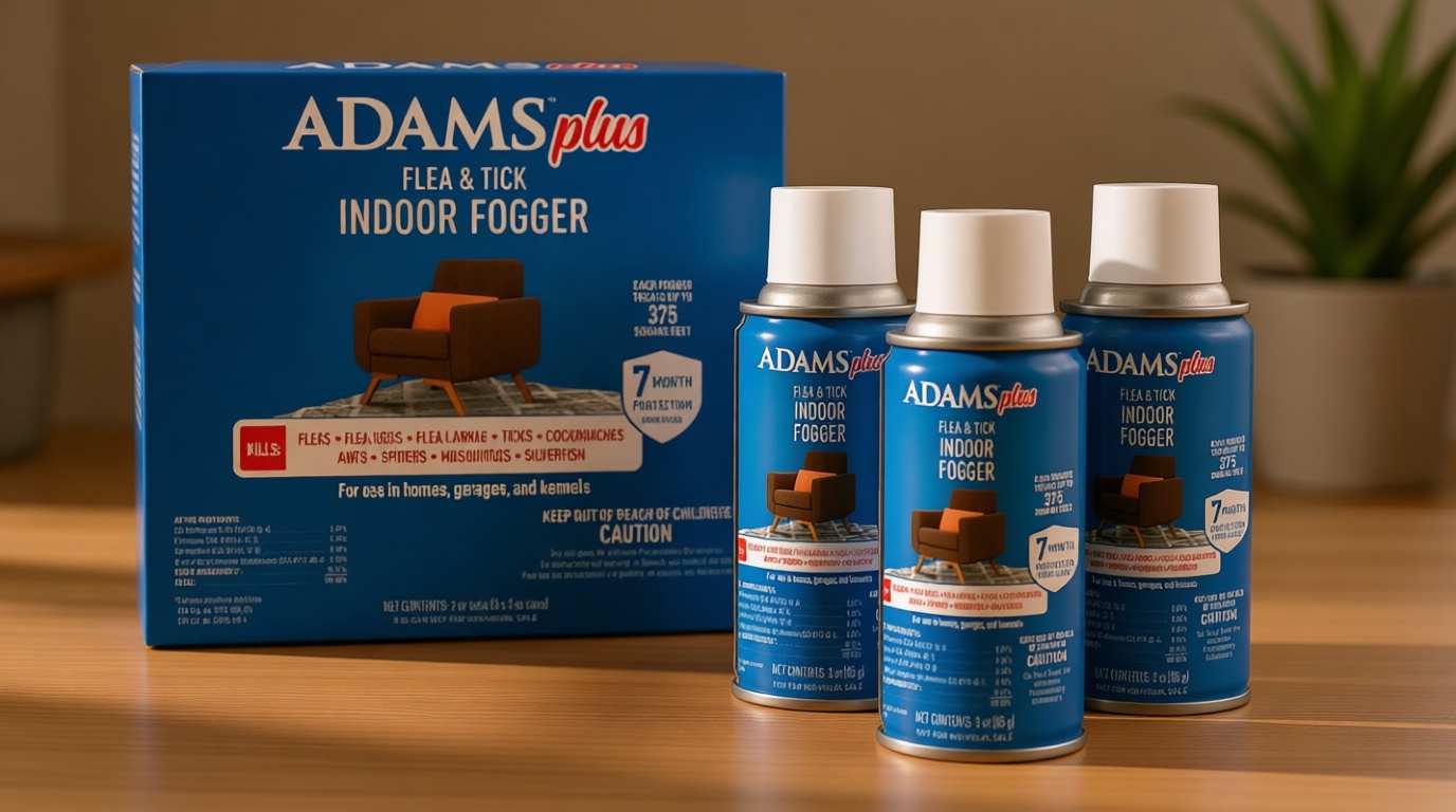 ADAMS Plus Flea & Tick Indoor Fogger, 3 x 3 oz Cans, Kills Fleas, Flea Eggs, Ants, House Flies, Cockroaches, Mosquitoes, and Many Other Pests, Indoor House Treatment, Each Fogger Treats 375 sq ft