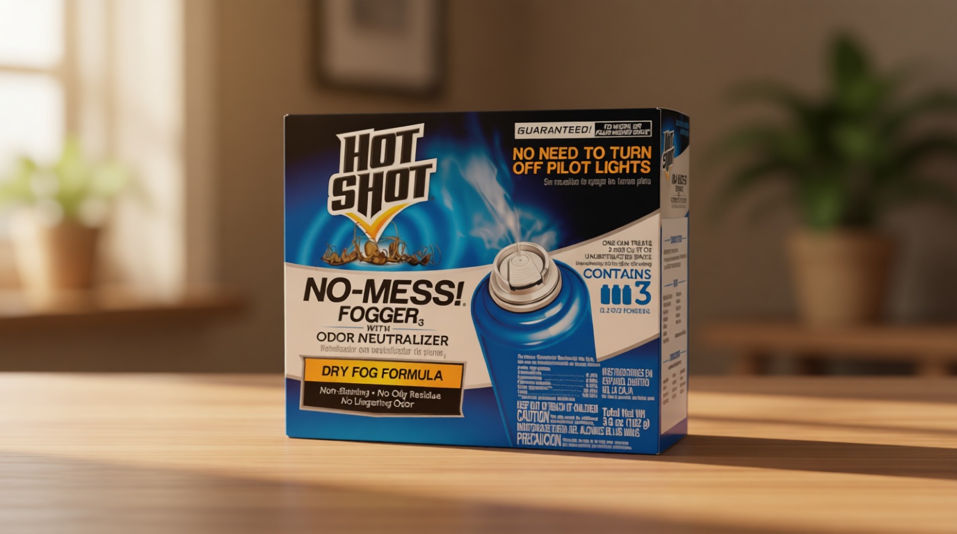 Hot Shot No-Mess! Fogger With Odor Neutralizer 3 Count-1.2 Ounce Cans, Kills Hidden Bugs, No Need To Turn Off Pilot Lights