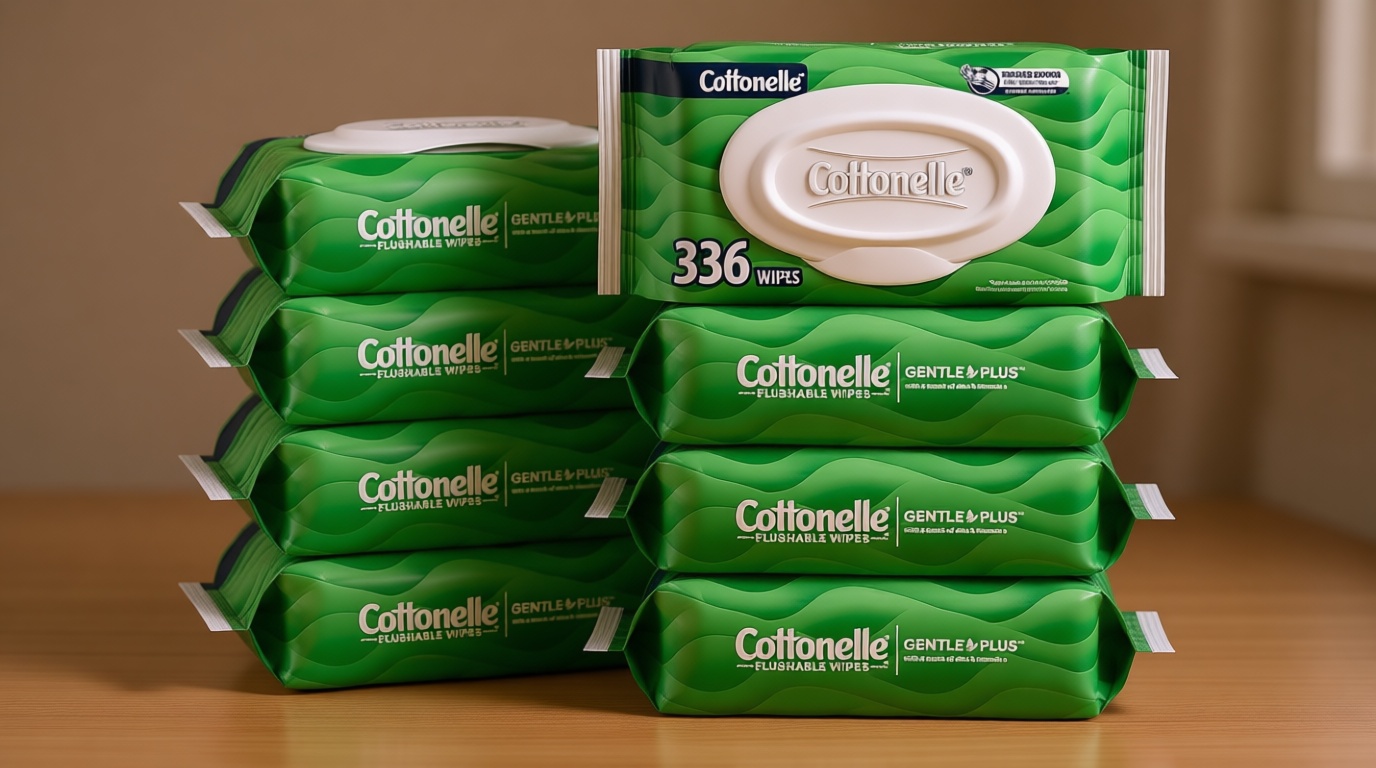 Cottonelle GentlePlus Flushable Wet Wipes with Aloe & Vitamin E, 8 Flip-Top Packs, 42 Wipes Per Pack (336 Total Wipes), Packaging May Vary