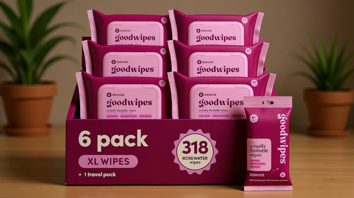 goodwipes Flushable Butt Wipes - Vitamin E & Aloe - Sewer & Septic Safe - Extra Large Adult Wet Wipes For Women & Men - Bathroom Essentials - Rosewater, 318 Count (6 Packs + 1 Travel)