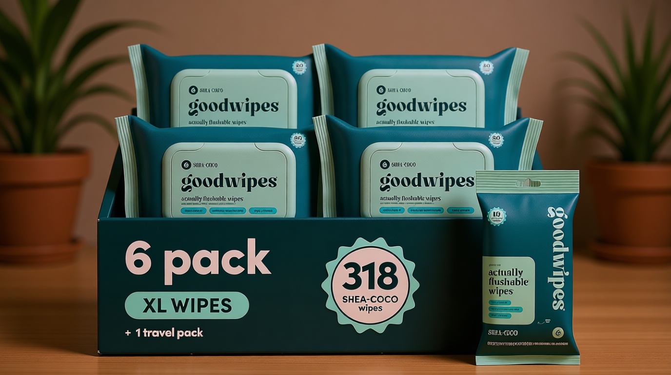 goodwipes Flushable Butt Wipes - Vitamin E & Aloe - Sewer & Septic Safe - Extra Large Adult Wet Wipes For Women & Men - Bathroom Essentials - Shea-Coco, 318 Count (6 Packs + 1 Travel)