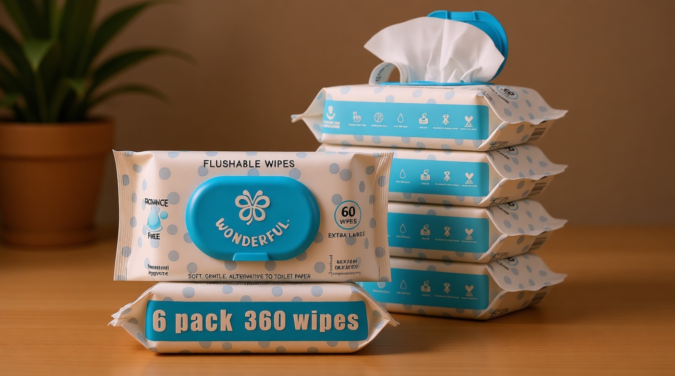 WONDERFUL Flushable Wipes, Unscented 100% Plant-Based Wet Butt Wipe for Adults & Kids, Sewer Septic Safe, Gentle for Sensitive Skin, Wipes Flushable Pack for Bathroom & Travel, 6-Pack (360 Counts)