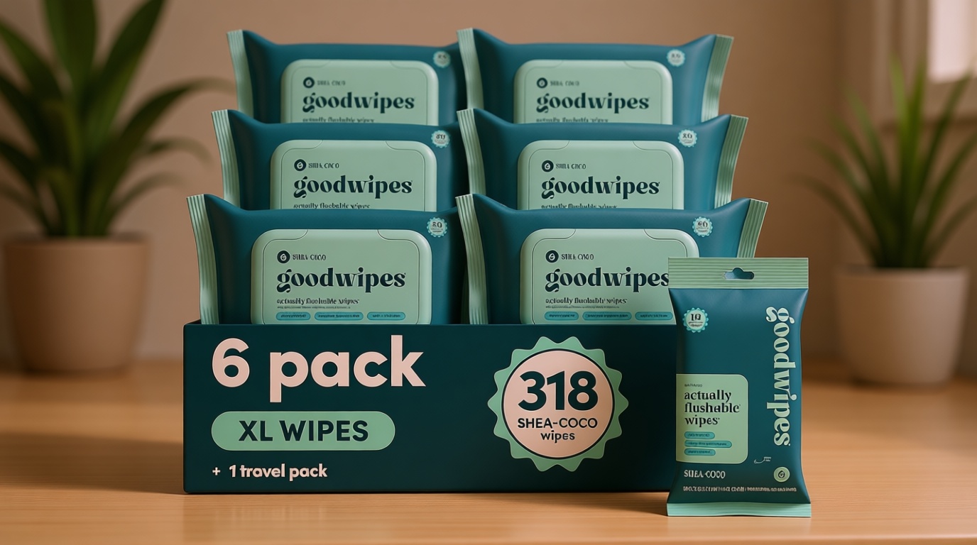 goodwipes Flushable Butt Wipes - Vitamin E & Aloe - Sewer & Septic Safe - Extra Large Adult Wet Wipes For Women & Men - Bathroom Essentials - Shea-Coco, 318 Count (6 Packs + 1 Travel)