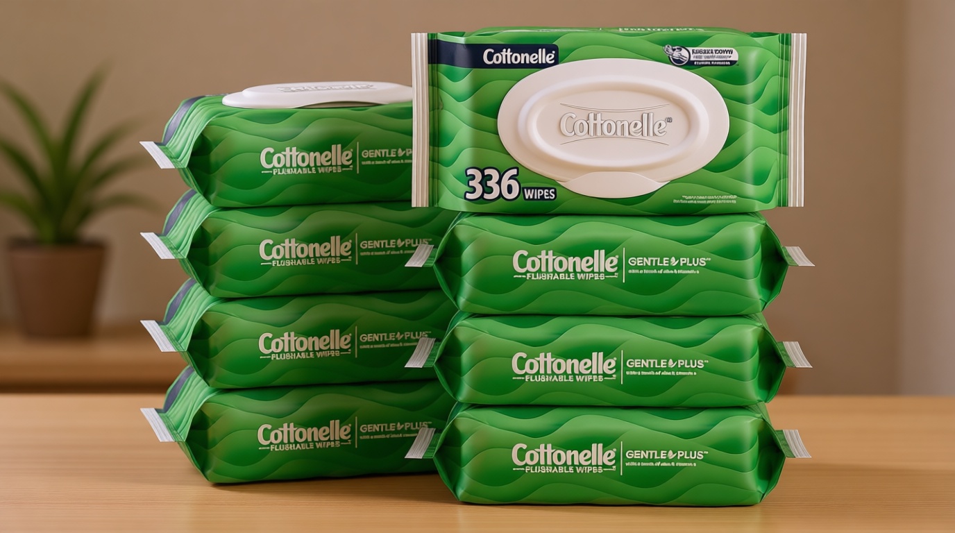 Cottonelle GentlePlus Flushable Wet Wipes with Aloe & Vitamin E, 8 Flip-Top Packs, 42 Wipes Per Pack (336 Total Wipes), Packaging May Vary