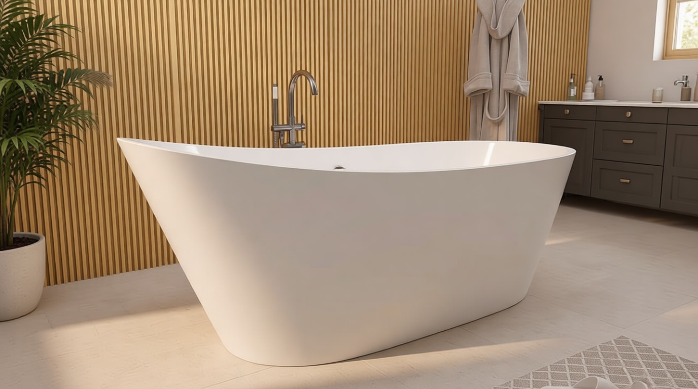 GETPRO Free Standing Tub 59" Acrylic Freestanding Bathtub, Adjustable Soaking Bath Tub Oval Shape with Integrated Slotted Overflow and Chrome Anti-clogging Drain Glossy White