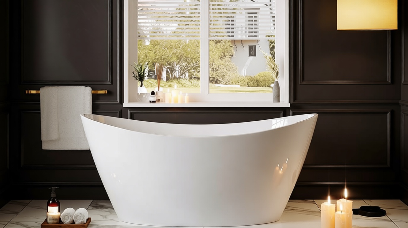 Empava Freestanding Bathtub, Acrylic Soaking Tub with Brushed Nickel Drain & Overflow – Modern Standalone Shower Tub, Non-Slip Flat Bottom Design, Glossy White, 59 Inch,cUPC Certified