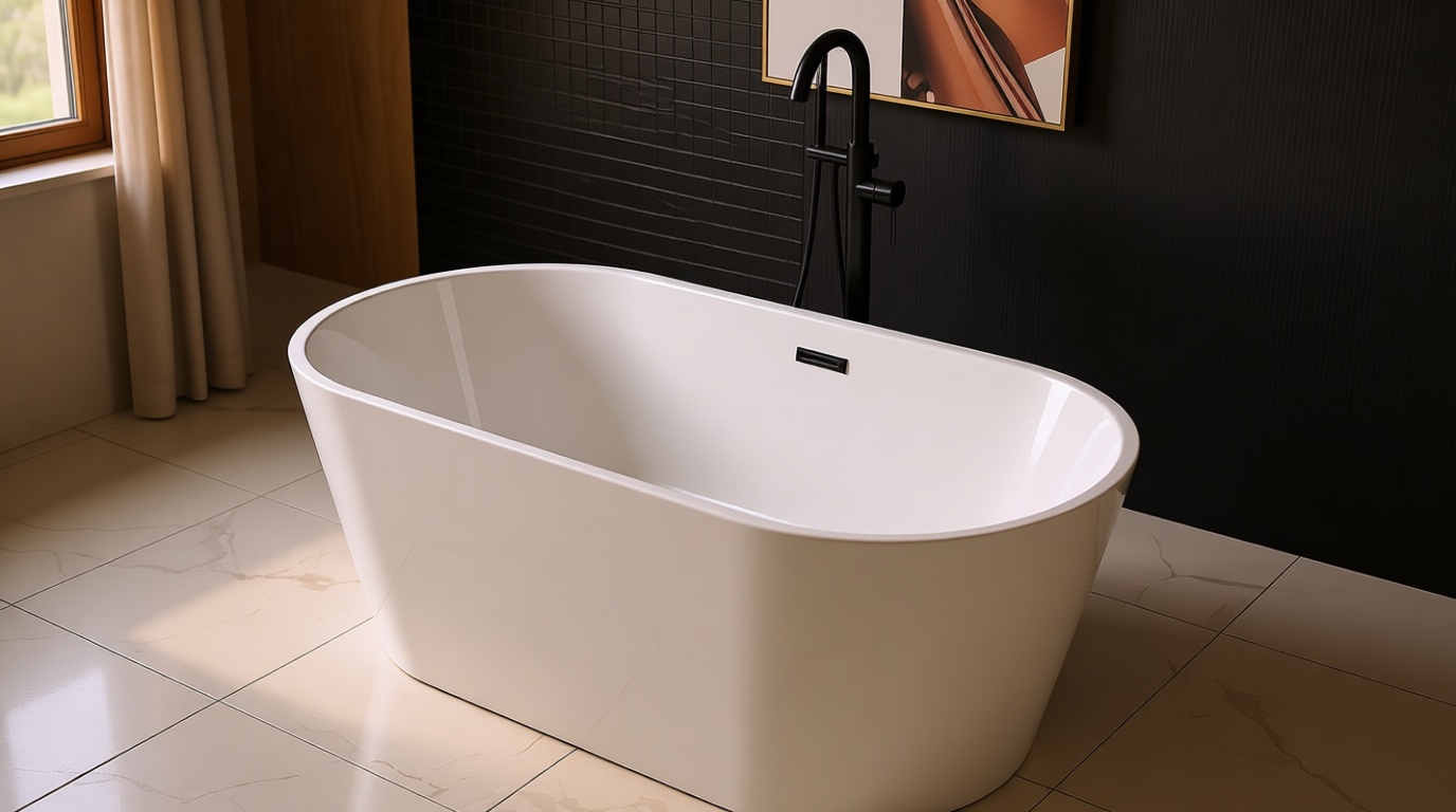 WOODBRIDGE 59" Acrylic Freestanding Bathtub Contemporary Soaking White Tub with Matte Black Overflow and Drain,B0014-MB