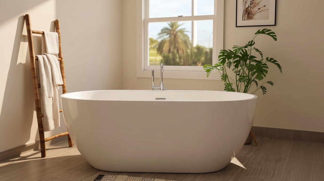 65" Acrylic Freestanding Bathtub, Double Ended Free Standing Tub, Soaking Tub with Integrated Slotted Overflow, Toe-Tap Chrome Drain, cUPC Certified, Glossy White