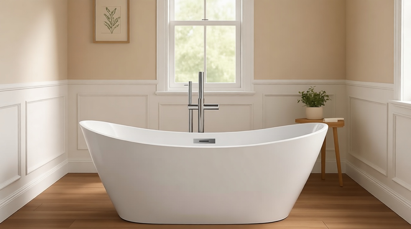 59" Acrylic Freestanding Bathtub, Glossy White Finish, Freestanding Tub with Chrome Drain & Overflow Cover, for Home Spa