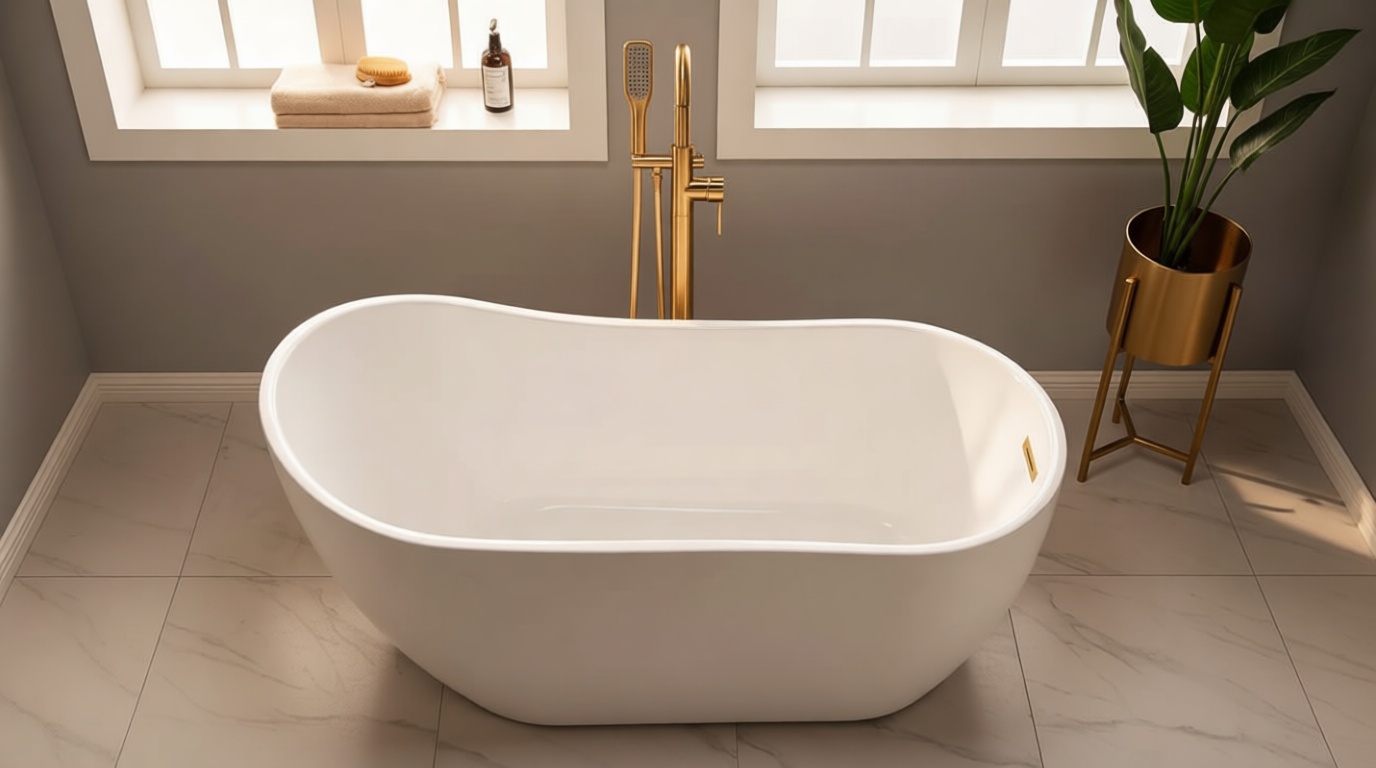 WOODBRIDGE 59" Acrylic Freestanding Bathtub Contemporary Soaking White Tub with Brushed Gold Overflow and Drain， B1530 -BG-Drain &O