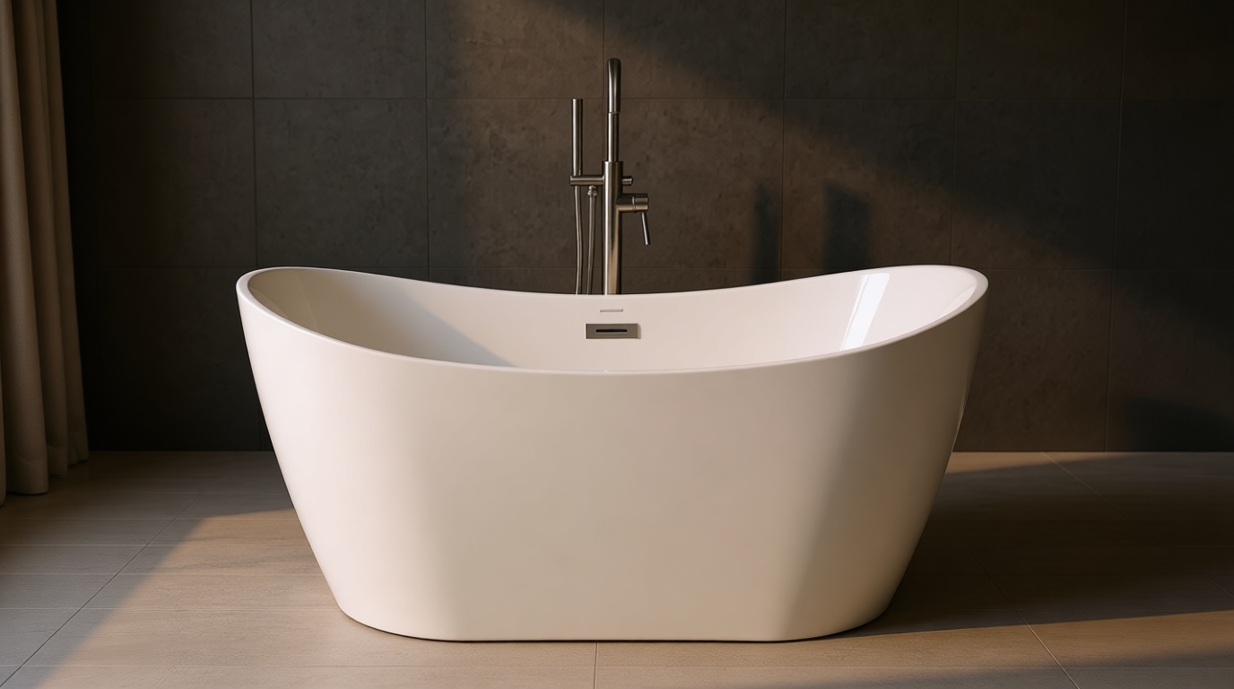 WOODBRIDGE 59" Acrylic Freestanding Bathtub Contemporary Soaking White Tub with Chrome Overflow and Drain