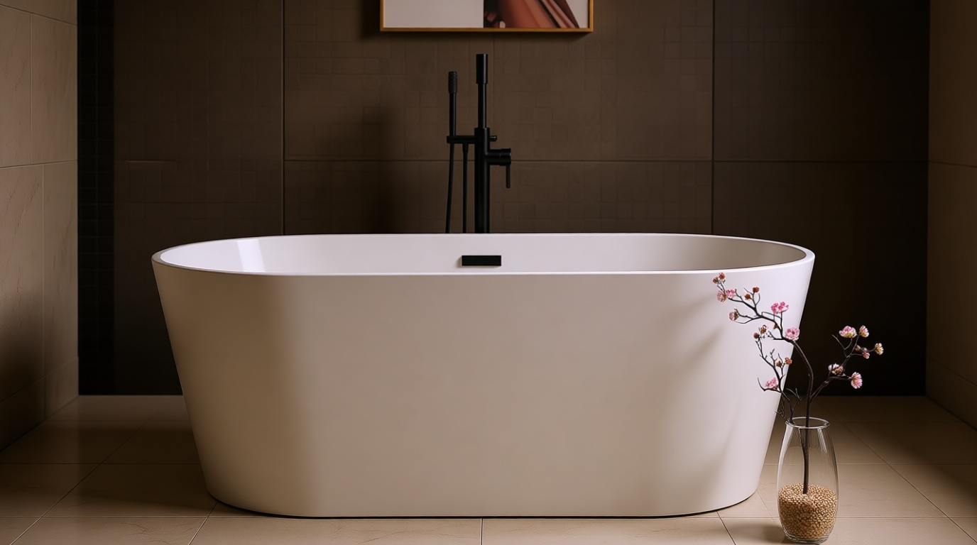 WOODBRIDGE 67" Acrylic Freestanding Bathtub Contemporary Soaking Tub, White Acrylic (Matte Black Drain/Overflow), B0013-MB-Drain &O