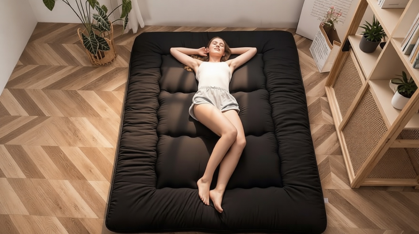 MAXYOYO Japanese Floor Mattress Futon Mattress, 4" Thicken Tatami Mat Sleeping Pad Foldable Roll Up Mat Boys Girls Dormitory Pad Kids Floor Lounger Cushion, Black, Queen OEKO-TEX STANDARD 100